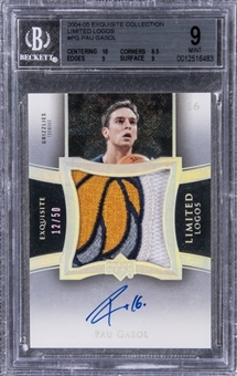 2004-05 UD "Exquisite Collection" Limited Logos #PG Pau Gasol Signed Game Used Patch Card (#12/50) - BGS MINT 9/BGS 10